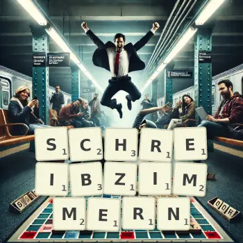 Kreative Illustration für ein Scrabble-Spiel, bei dem das Wort SCHREIBZIMMERN mit Steinen auf dem Brett gelegt wurde.