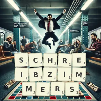Kreative Illustration für ein Scrabble-Spiel, bei dem das Wort SCHREIBZIMMERS mit Steinen auf dem Brett gelegt wurde.