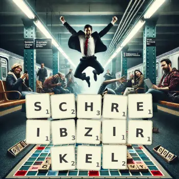 Kreative Illustration für ein Scrabble-Spiel, bei dem das Wort SCHREIBZIRKEL mit Steinen auf dem Brett gelegt wurde.