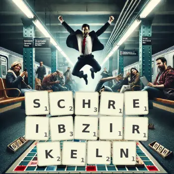Kreative Illustration für ein Scrabble-Spiel, bei dem das Wort SCHREIBZIRKELN mit Steinen auf dem Brett gelegt wurde.