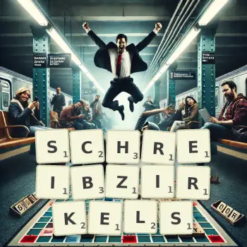 Kreative Illustration für ein Scrabble-Spiel, bei dem das Wort SCHREIBZIRKELS mit Steinen auf dem Brett gelegt wurde.
