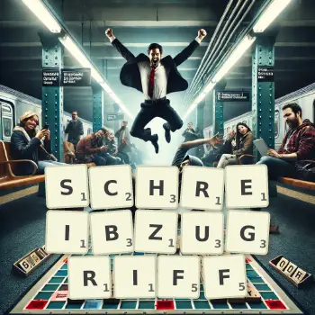 Kreative Illustration für ein Scrabble-Spiel, bei dem das Wort SCHREIBZUGRIFF mit Steinen auf dem Brett gelegt wurde.