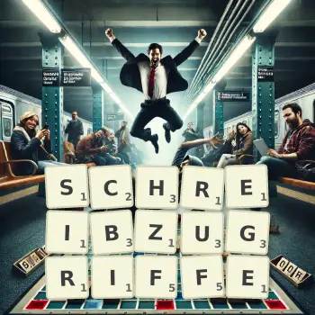 Kreative Illustration für ein Scrabble-Spiel, bei dem das Wort SCHREIBZUGRIFFE mit Steinen auf dem Brett gelegt wurde.
