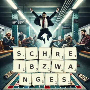 Kreative Illustration für ein Scrabble-Spiel, bei dem das Wort SCHREIBZWANGES mit Steinen auf dem Brett gelegt wurde.