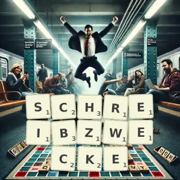 Kreative Illustration für ein Scrabble-Spiel, bei dem das Wort SCHREIBZWECKE mit Steinen auf dem Brett gelegt wurde.