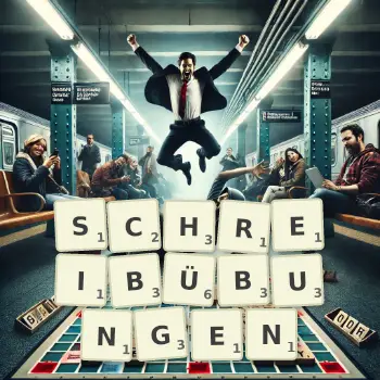 Kreative Illustration für ein Scrabble-Spiel, bei dem das Wort SCHREIBÜBUNGEN mit Steinen auf dem Brett gelegt wurde.