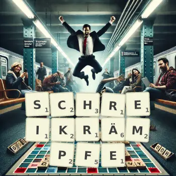 Kreative Illustration für ein Scrabble-Spiel, bei dem das Wort SCHREIKRÄMPFE mit Steinen auf dem Brett gelegt wurde.
