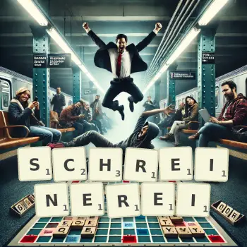 Kreative Illustration für ein Scrabble-Spiel, bei dem das Wort SCHREINEREI mit Steinen auf dem Brett gelegt wurde.
