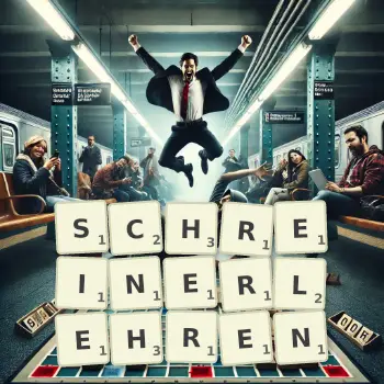 Kreative Illustration für ein Scrabble-Spiel, bei dem das Wort SCHREINERLEHREN mit Steinen auf dem Brett gelegt wurde.