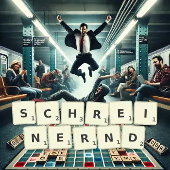 Kreative Illustration für ein Scrabble-Spiel, bei dem das Wort SCHREINERND mit Steinen auf dem Brett gelegt wurde.