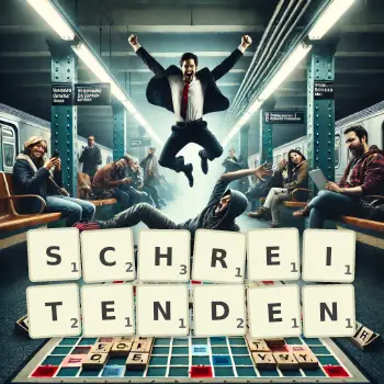 Kreative Illustration für ein Scrabble-Spiel, bei dem das Wort SCHREITENDEN mit Steinen auf dem Brett gelegt wurde.