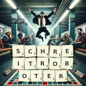 Kreative Illustration für ein Scrabble-Spiel, bei dem das Wort SCHREITROBOTER mit Steinen auf dem Brett gelegt wurde.