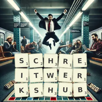 Kreative Illustration für ein Scrabble-Spiel, bei dem das Wort SCHREITWERKSHUB mit Steinen auf dem Brett gelegt wurde.