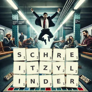 Kreative Illustration für ein Scrabble-Spiel, bei dem das Wort SCHREITZYLINDER mit Steinen auf dem Brett gelegt wurde.