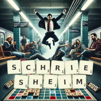 Kreative Illustration für ein Scrabble-Spiel, bei dem das Wort SCHRIESHEIM mit Steinen auf dem Brett gelegt wurde.