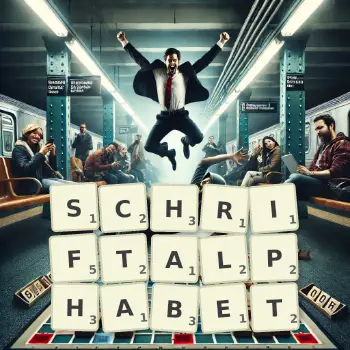 Kreative Illustration für ein Scrabble-Spiel, bei dem das Wort SCHRIFTALPHABET mit Steinen auf dem Brett gelegt wurde.