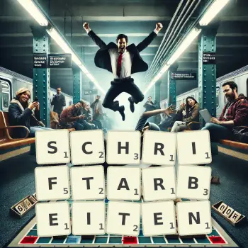 Kreative Illustration für ein Scrabble-Spiel, bei dem das Wort SCHRIFTARBEITEN mit Steinen auf dem Brett gelegt wurde.