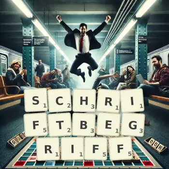 Kreative Illustration für ein Scrabble-Spiel, bei dem das Wort SCHRIFTBEGRIFF mit Steinen auf dem Brett gelegt wurde.