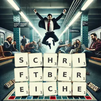 Kreative Illustration für ein Scrabble-Spiel, bei dem das Wort SCHRIFTBEREICHE mit Steinen auf dem Brett gelegt wurde.