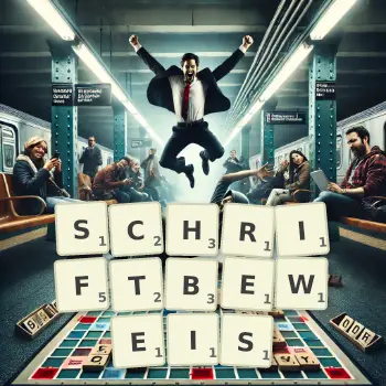 Kreative Illustration für ein Scrabble-Spiel, bei dem das Wort SCHRIFTBEWEIS mit Steinen auf dem Brett gelegt wurde.