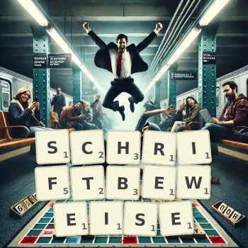 Kreative Illustration für ein Scrabble-Spiel, bei dem das Wort SCHRIFTBEWEISE mit Steinen auf dem Brett gelegt wurde.