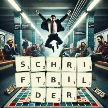 Kreative Illustration für ein Scrabble-Spiel, bei dem das Wort SCHRIFTBILDER mit Steinen auf dem Brett gelegt wurde.