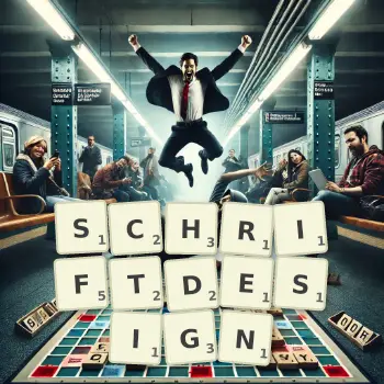 Kreative Illustration für ein Scrabble-Spiel, bei dem das Wort SCHRIFTDESIGN mit Steinen auf dem Brett gelegt wurde.