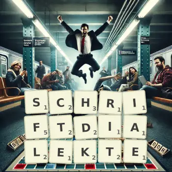 Kreative Illustration für ein Scrabble-Spiel, bei dem das Wort SCHRIFTDIALEKTE mit Steinen auf dem Brett gelegt wurde.