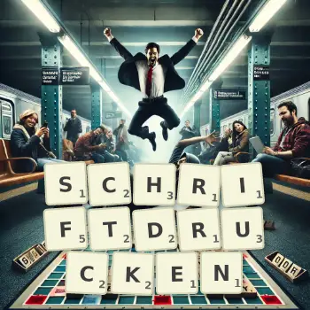 Kreative Illustration für ein Scrabble-Spiel, bei dem das Wort SCHRIFTDRUCKEN mit Steinen auf dem Brett gelegt wurde.