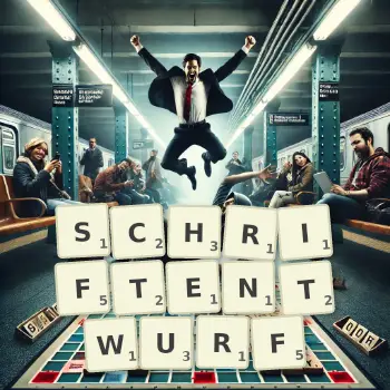 Kreative Illustration für ein Scrabble-Spiel, bei dem das Wort SCHRIFTENTWURF mit Steinen auf dem Brett gelegt wurde.