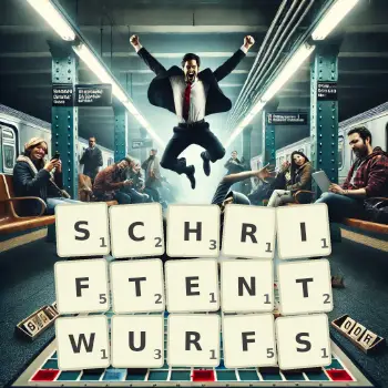 Kreative Illustration für ein Scrabble-Spiel, bei dem das Wort SCHRIFTENTWURFS mit Steinen auf dem Brett gelegt wurde.
