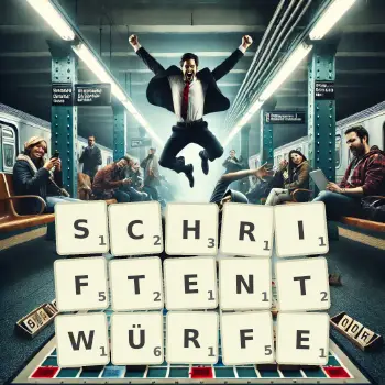 Kreative Illustration für ein Scrabble-Spiel, bei dem das Wort SCHRIFTENTWÜRFE mit Steinen auf dem Brett gelegt wurde.