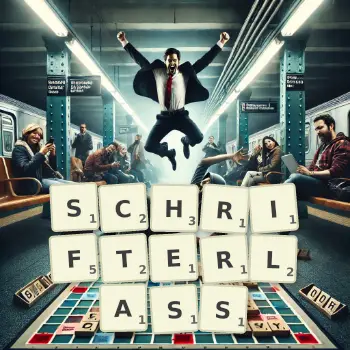 Kreative Illustration für ein Scrabble-Spiel, bei dem das Wort SCHRIFTERLASS mit Steinen auf dem Brett gelegt wurde.