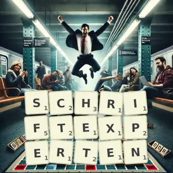 Kreative Illustration für ein Scrabble-Spiel, bei dem das Wort SCHRIFTEXPERTEN mit Steinen auf dem Brett gelegt wurde.