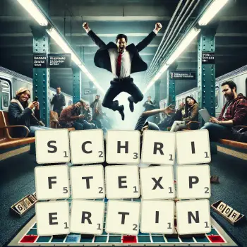 Kreative Illustration für ein Scrabble-Spiel, bei dem das Wort SCHRIFTEXPERTIN mit Steinen auf dem Brett gelegt wurde.