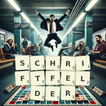 Kreative Illustration für ein Scrabble-Spiel, bei dem das Wort SCHRIFTFELDER mit Steinen auf dem Brett gelegt wurde.