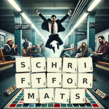 Kreative Illustration für ein Scrabble-Spiel, bei dem das Wort SCHRIFTFORMATS mit Steinen auf dem Brett gelegt wurde.