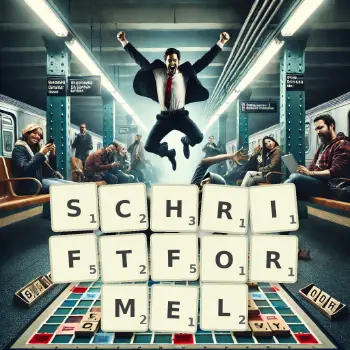 Kreative Illustration für ein Scrabble-Spiel, bei dem das Wort SCHRIFTFORMEL mit Steinen auf dem Brett gelegt wurde.