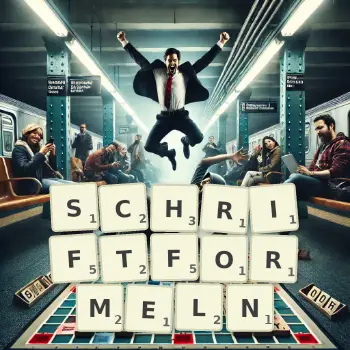 Kreative Illustration für ein Scrabble-Spiel, bei dem das Wort SCHRIFTFORMELN mit Steinen auf dem Brett gelegt wurde.