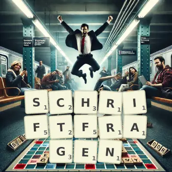 Kreative Illustration für ein Scrabble-Spiel, bei dem das Wort SCHRIFTFRAGEN mit Steinen auf dem Brett gelegt wurde.