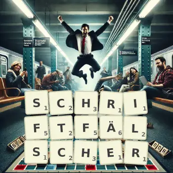 Kreative Illustration für ein Scrabble-Spiel, bei dem das Wort SCHRIFTFÄLSCHER mit Steinen auf dem Brett gelegt wurde.