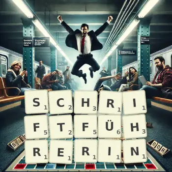 Kreative Illustration für ein Scrabble-Spiel, bei dem das Wort SCHRIFTFÜHRERIN mit Steinen auf dem Brett gelegt wurde.