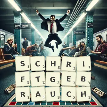Kreative Illustration für ein Scrabble-Spiel, bei dem das Wort SCHRIFTGEBRAUCH mit Steinen auf dem Brett gelegt wurde.