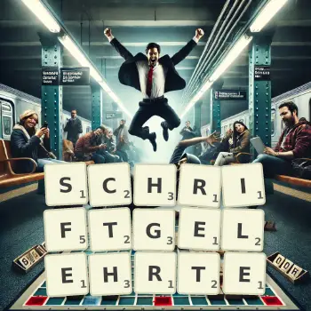 Kreative Illustration für ein Scrabble-Spiel, bei dem das Wort SCHRIFTGELEHRTE mit Steinen auf dem Brett gelegt wurde.