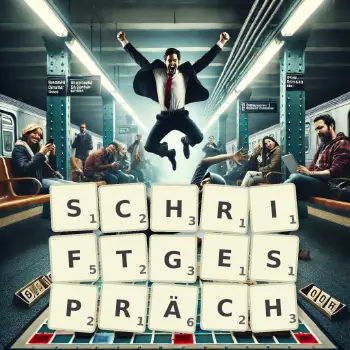 Kreative Illustration für ein Scrabble-Spiel, bei dem das Wort SCHRIFTGESPRÄCH mit Steinen auf dem Brett gelegt wurde.