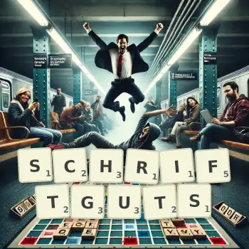 Kreative Illustration für ein Scrabble-Spiel, bei dem das Wort SCHRIFTGUTS mit Steinen auf dem Brett gelegt wurde.