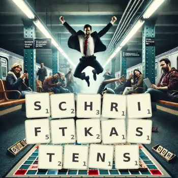 Kreative Illustration für ein Scrabble-Spiel, bei dem das Wort SCHRIFTKASTENS mit Steinen auf dem Brett gelegt wurde.