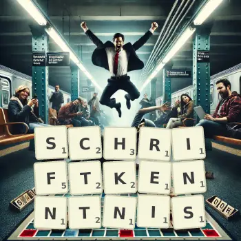 Kreative Illustration für ein Scrabble-Spiel, bei dem das Wort SCHRIFTKENNTNIS mit Steinen auf dem Brett gelegt wurde.