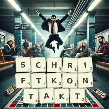 Kreative Illustration für ein Scrabble-Spiel, bei dem das Wort SCHRIFTKONTAKT mit Steinen auf dem Brett gelegt wurde.