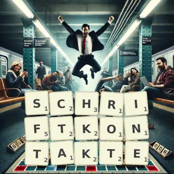 Kreative Illustration für ein Scrabble-Spiel, bei dem das Wort SCHRIFTKONTAKTE mit Steinen auf dem Brett gelegt wurde.